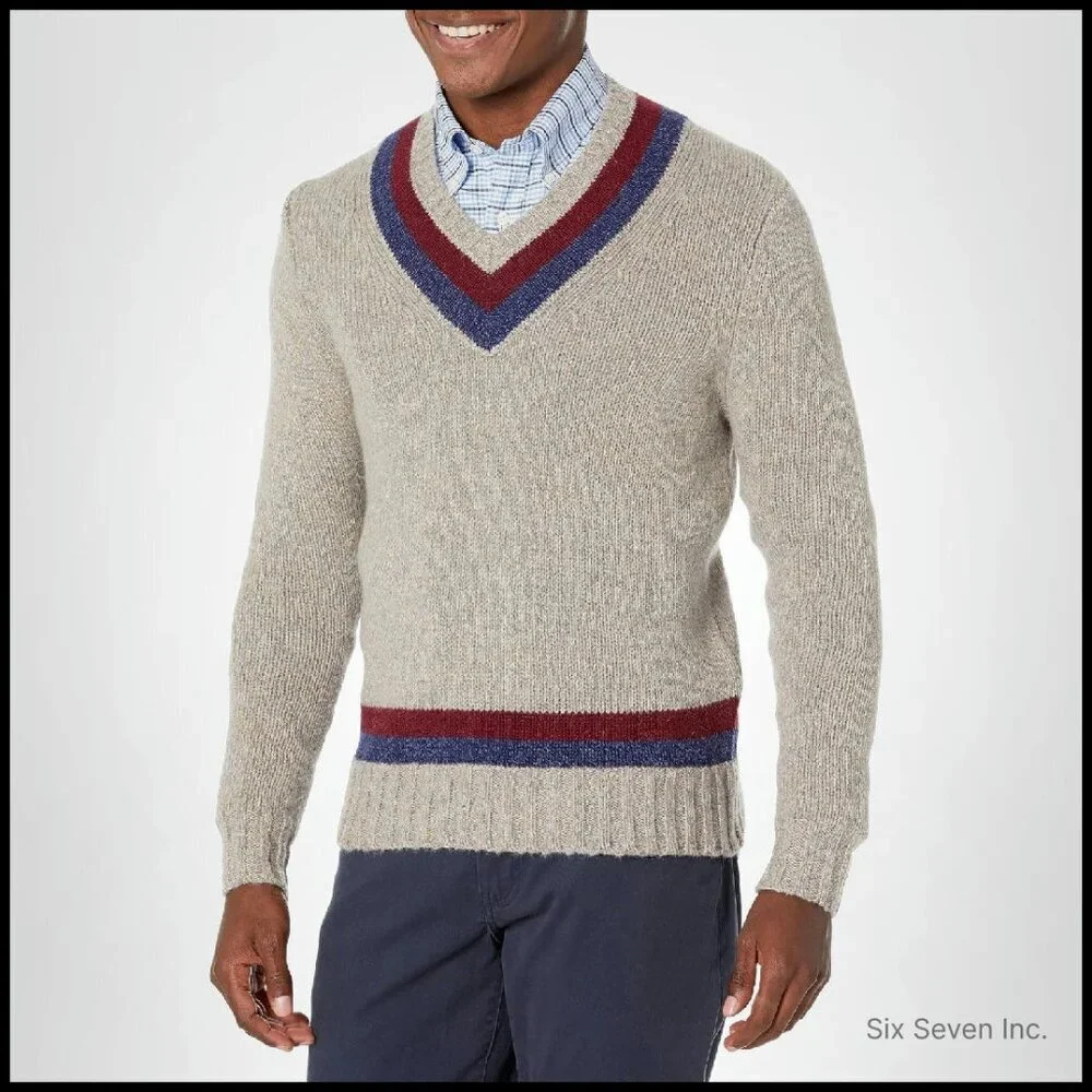 Classic V-Neck Tennis Sweater Preppy Elegant Wool Blend Long Sleeve Pullover